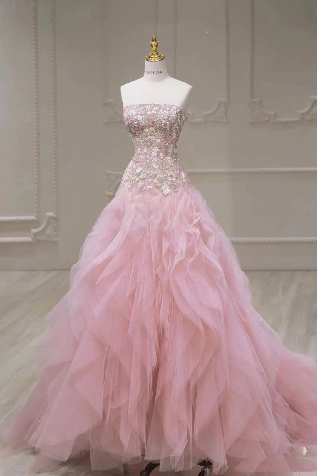 Luxurious Ball Gown Strapless Pink Tulle Long Prom Dress P1720