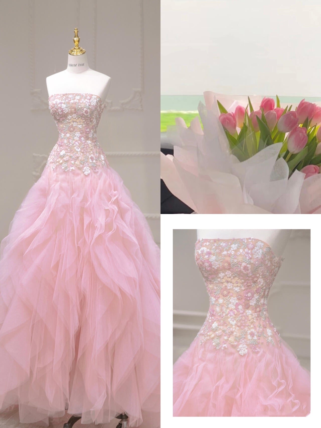 Luxurious Ball Gown Strapless Pink Tulle Long Prom Dress P1720