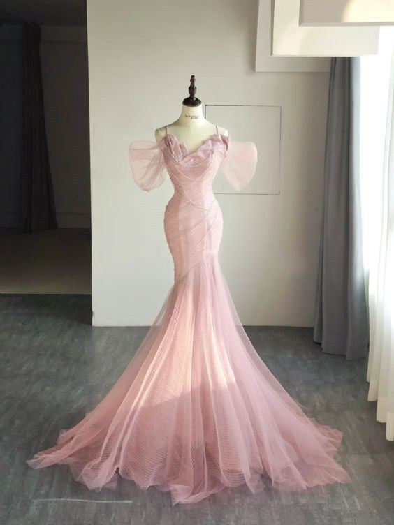 Simple Mermaid Straps Pink Tulle Long Prom Dress P1721