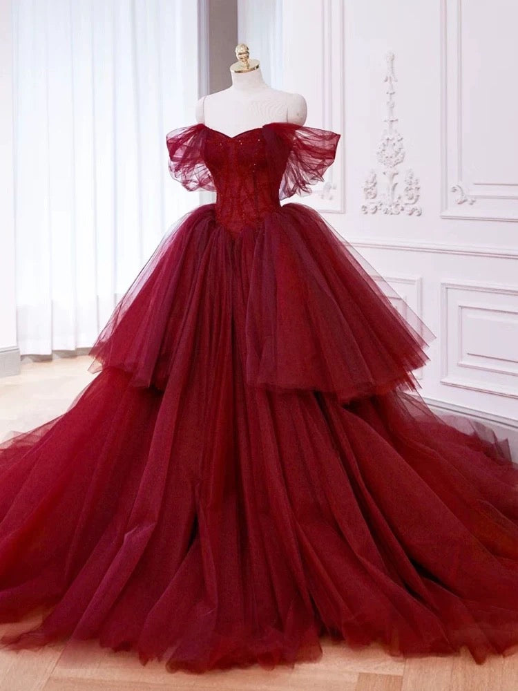 Ball Gown Off The Shoulder Tulle Red Sweet 16 Dresses P1734