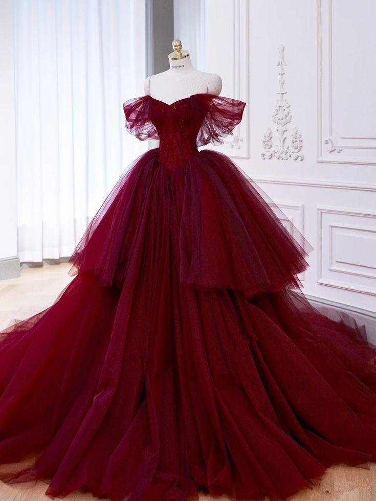 Ball Gown Off The Shoulder Tulle Red Sweet 16 Dresses P1734