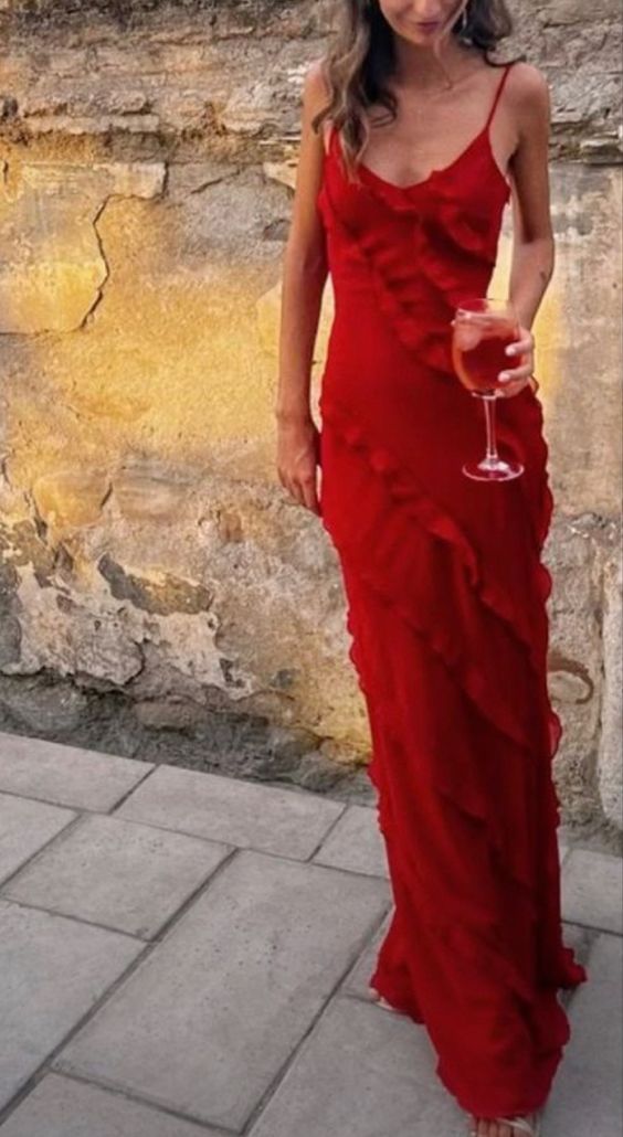 Sexy Sheath Straps Red Long Chiffon Slit Prom Dress P1747