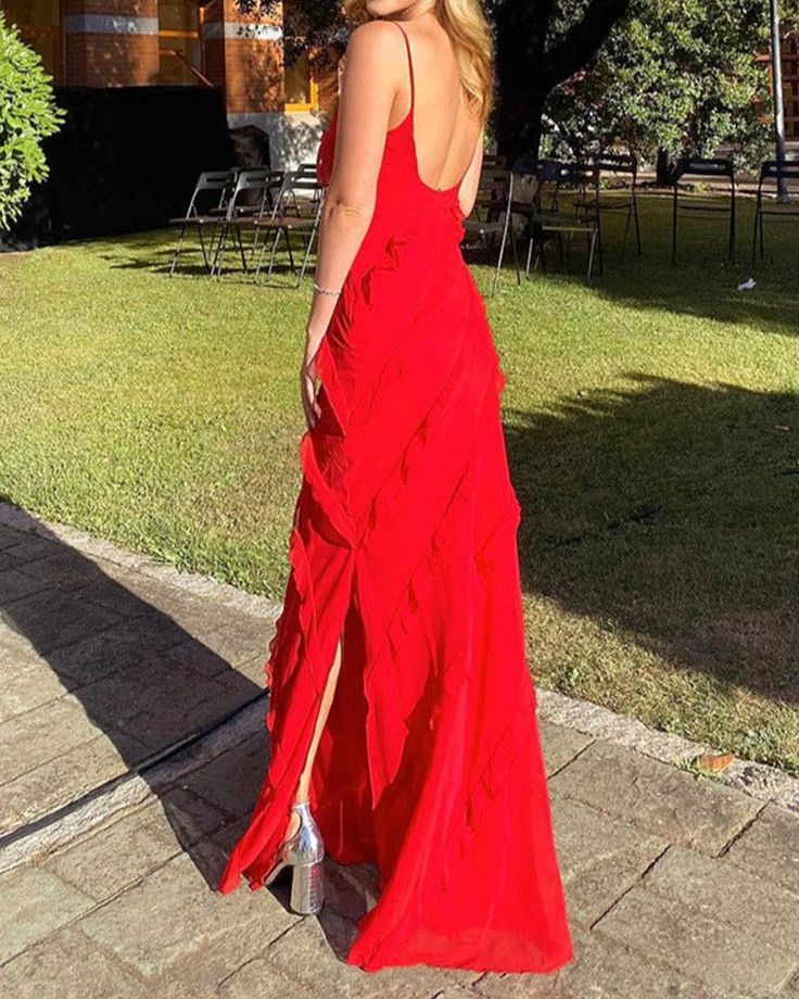 Sexy Sheath Straps Red Long Chiffon Slit Prom Dress P1747
