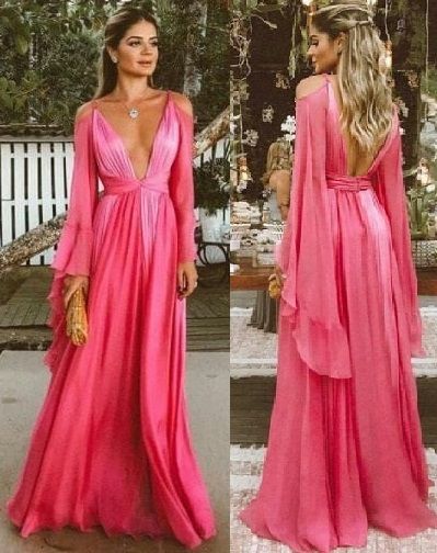 Vintage A Line Straps Pink Long Sleeves Prom Dresses P1776