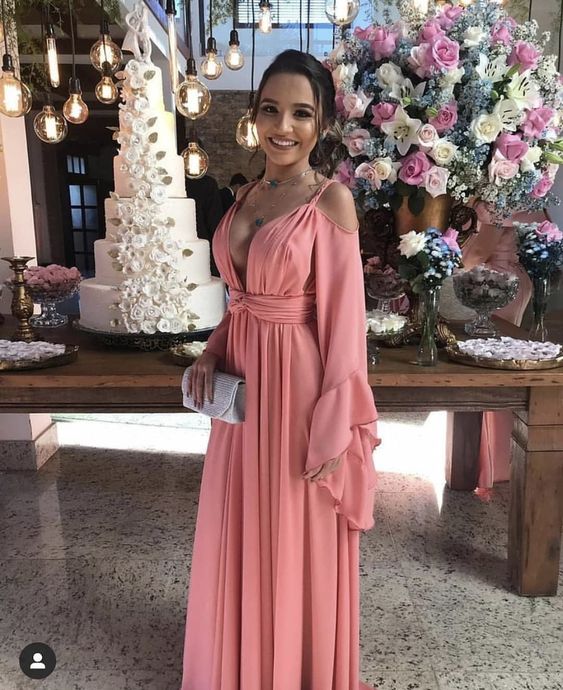 Simple A Line Straps Light Pink Long Sleeves Prom Dresses P1777
