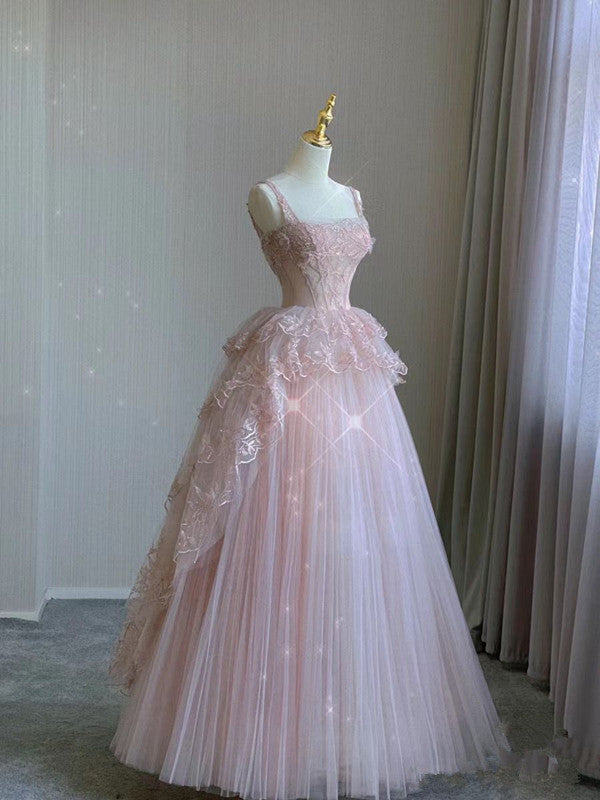 Modest Ball Gown Straps Pink Tulle Prom Dresses 22th Birthday Outfit P1786