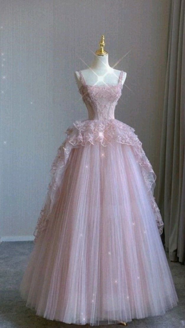 Modest Ball Gown Straps Pink Tulle Prom Dresses 22th Birthday Outfit P1786