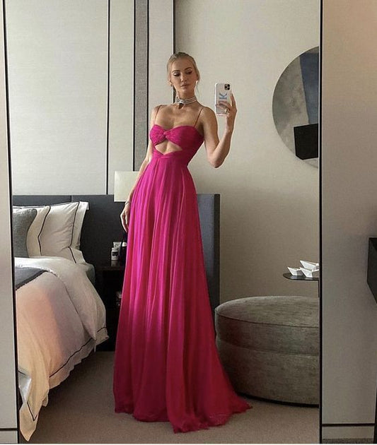 Simple A line Straps Hot Pink Chiffon Long Prom Dresses 22th Birthday Outfit P1790