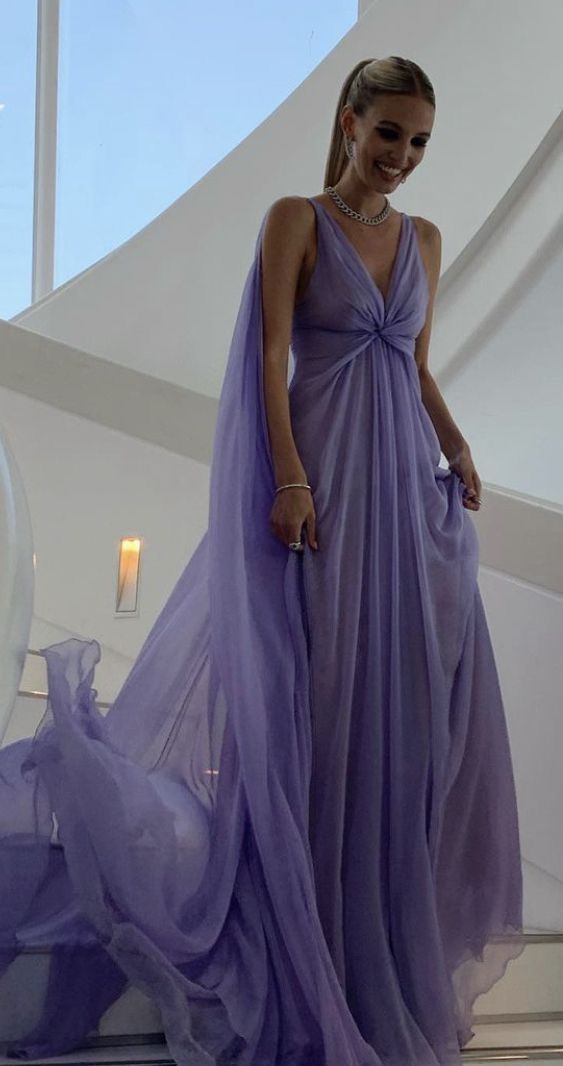 Simple A Line V Neckline Lilac Long Chiffon Prom Dresses P1791