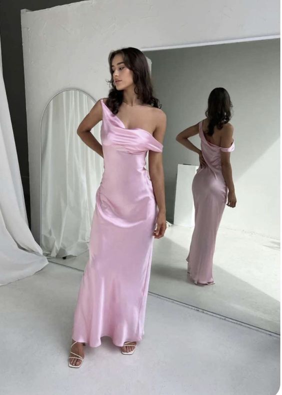 Simple Sheath Off The Shoulder Pink Long Prom Dresses P1795