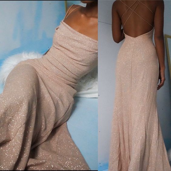 Simple Sheath Straps Pink Sequin Long Prom Dresses P1842