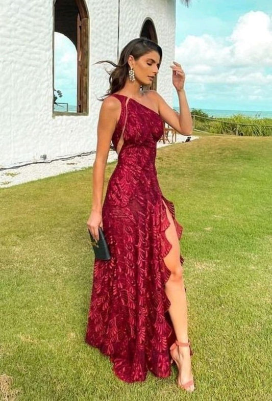 Beautiful Sheath One Shoulder Lace Long Prom Dress Evening Dress P1846