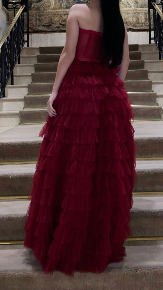Ball Gown Long Strapless Tiered Tulle Burgundy Prom Dress P1896