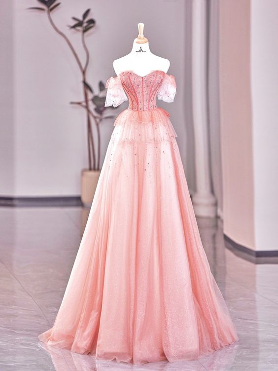 Fairy A line Off The Shoulder Pink Long Tulle Prom Dresses 22th Birthday Outfit P1933