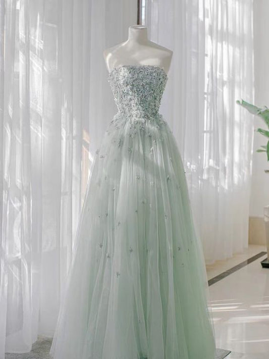 Fairy A line Strapless Mint Green Long Tulle Prom Dresses 22th Birthday Outfit P1962