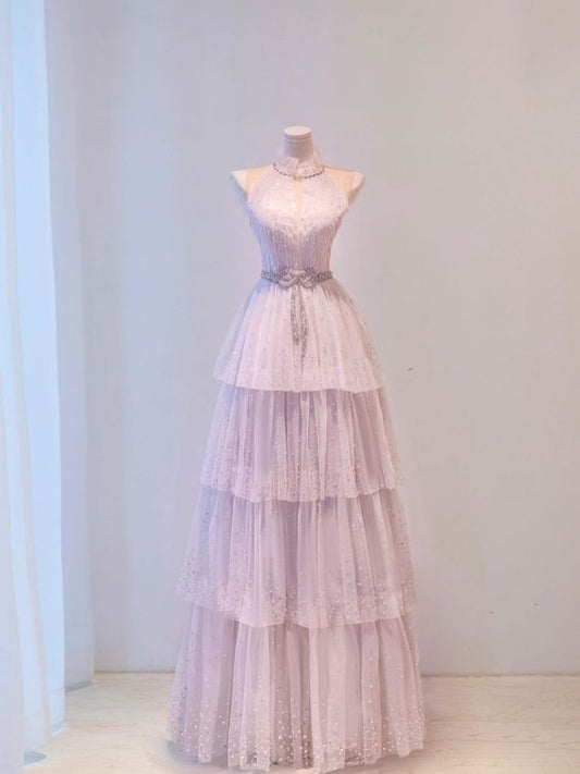 Fairy A line High Neckline Pink Long Tulle Prom Dresses 22th Birthday Outfit P1963