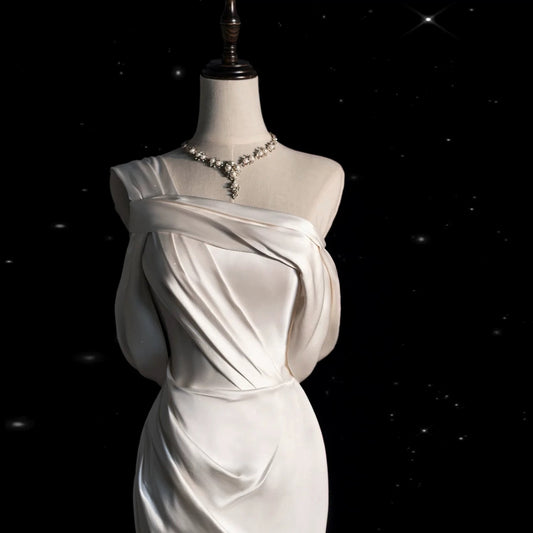 Vintage Mermaid One Shoulder Long White Satin Wedding Dresses P1972