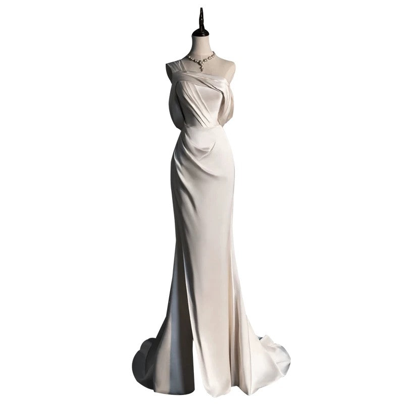 Vintage Mermaid One Shoulder Long White Satin Wedding Dresses P1972