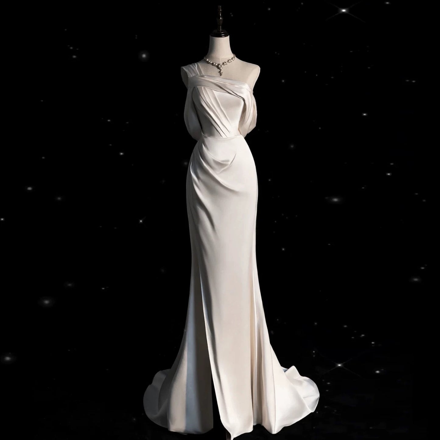 Vintage Mermaid One Shoulder Long White Satin Wedding Dresses P1972