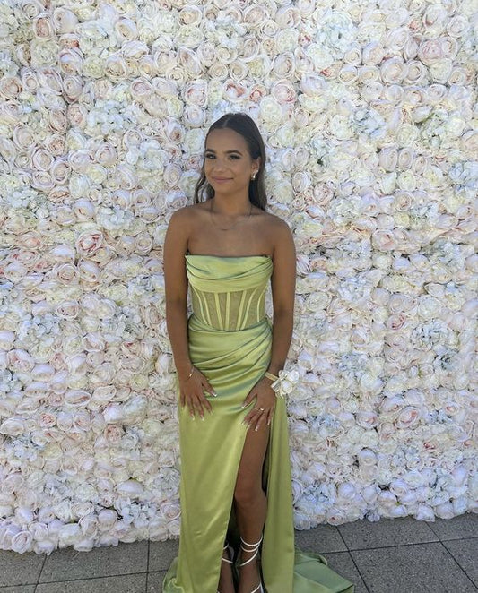 Simple Mermaid Strapless Green Slit Prom Dresses 22th Birthday Outfit P1979