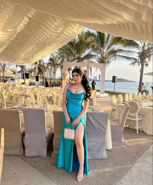 Simple Mermaid Strapless Blue Slit Prom Dresses 22th Birthday Outfit P1980