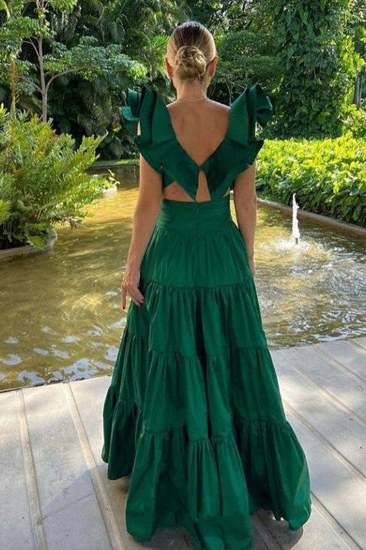 Sexy A Line Dark Green Satin Prom Dresses 21th Birthday Outfit P2106