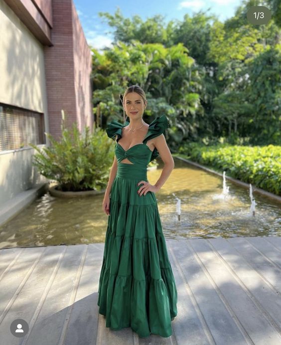 Sexy A Line Dark Green Satin Prom Dresses 21th Birthday Outfit P2106