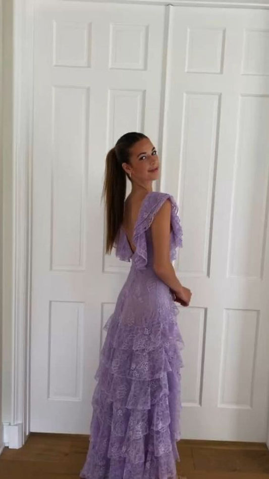 Lilac Lace Long prom Dress Party Dress 21th Birthday Outfits P2109