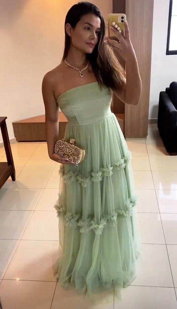 Elegant Long Mint Green Strapless Prom Dress 22th Birthday Outfits P2119