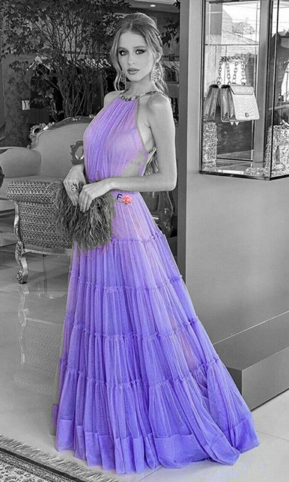 Elegant A line Lilac Long Tulle Prom Dress 22th Birthday Outfits P2133