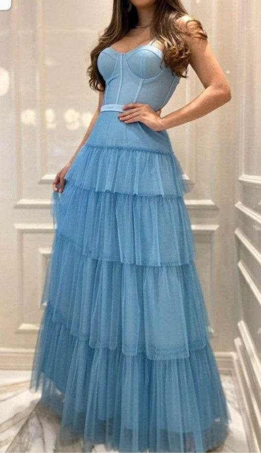 Elegant A line Long Tulle Blue Prom Dress 22th Birthday Outfits P2135