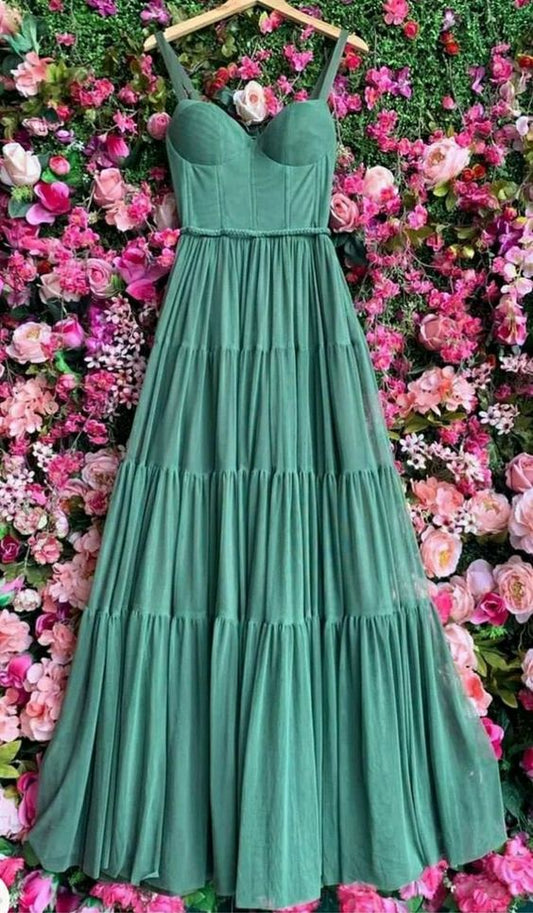 Elegant A line Long Green Prom Dress 22th Birthday Outfits P2136