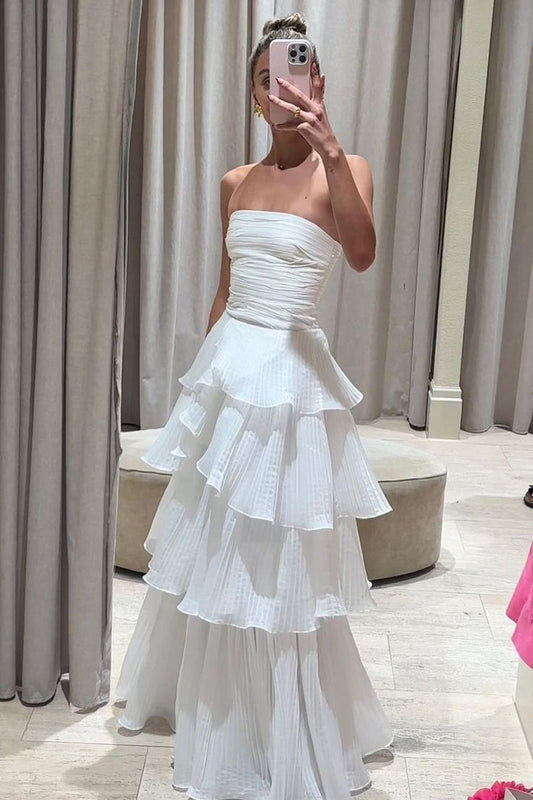 Elegant A line Long White Tiered Prom Dress 21th Birthday Outfits P2144