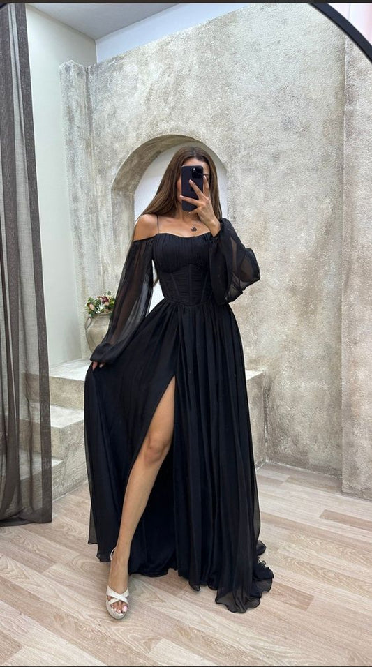 A line Off The Shoulder Long Black Slit Prom Dress 21th Birthday Outfits P2182