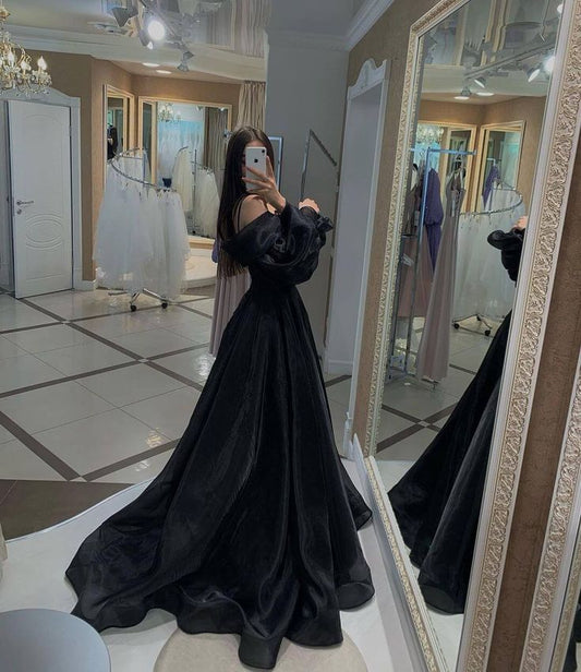 A line Off The Shoulder Long Sleeves Black Slit Prom Dress 21th Birthday Outfits P2183