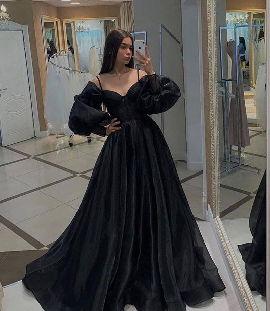 A line Off The Shoulder Long Sleeves Black Slit Prom Dress 21th Birthday Outfits P2183