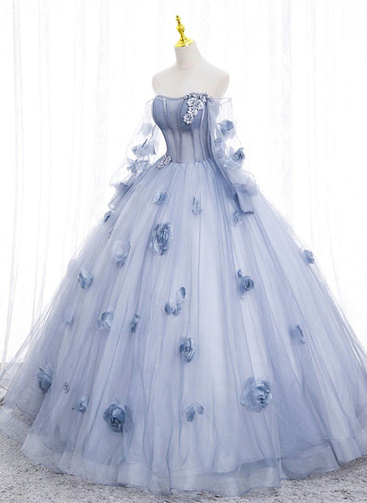 A line Long Sleeves Blue Tulle Prom Dress 21th Birthday Outfits P2185