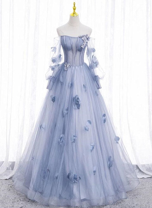 A line Long Sleeves Blue Tulle Prom Dress 21th Birthday Outfits P2185