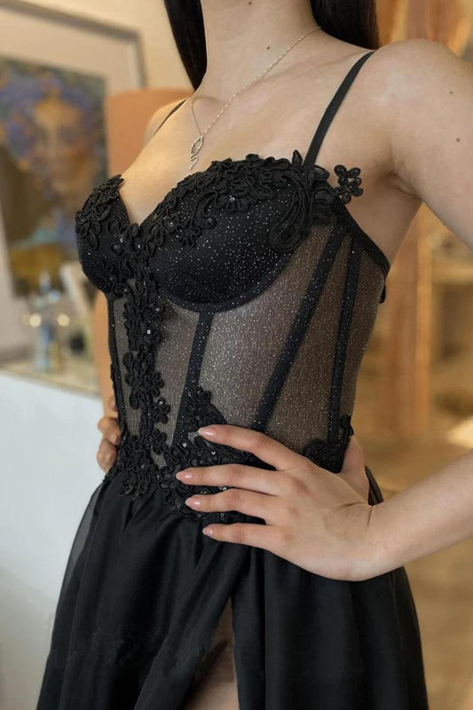 Sexy A line Long Black Tulle Prom Dress 21th Birthday Outfits P2186