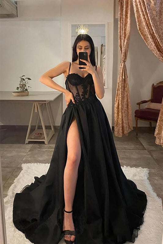 Sexy A line Long Black Tulle Prom Dress 21th Birthday Outfits P2186