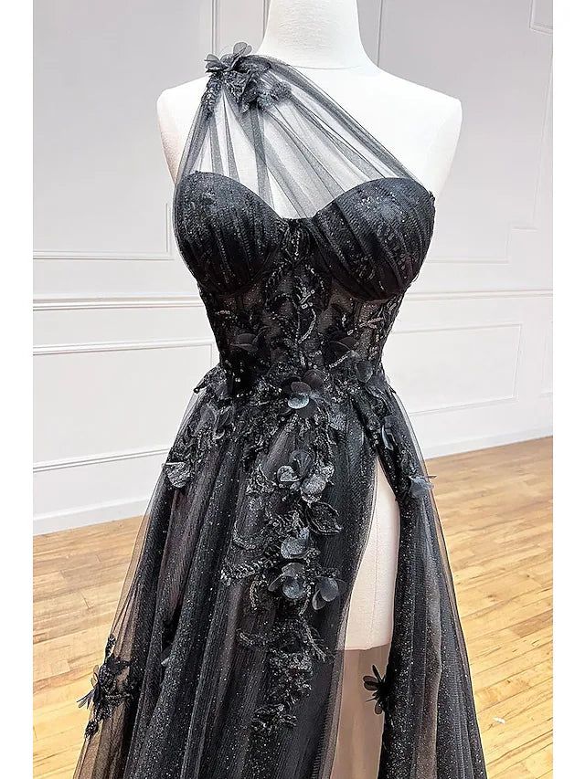 Black Floral Lace V-Neck Long Prom Dress with Slit