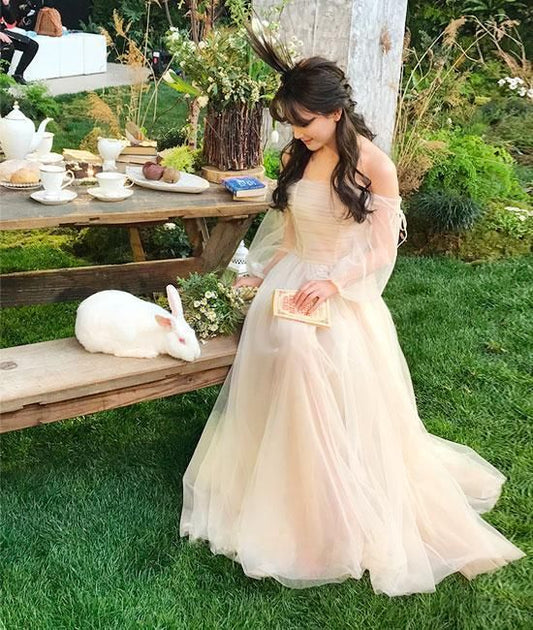 Champagne Tulle Off Shoulder Long Prom Dress 21th Birthday Outfits P2190