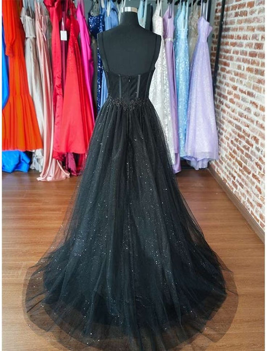 Sexy A line Long Black Tulle Slit Prom Dress 21th Birthday Outfits P2191