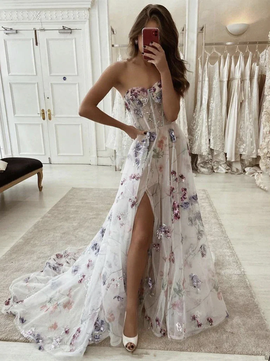 Strapless Purple Floral Long Prom Dresses with Slit 21th Birthday Outfits P2194