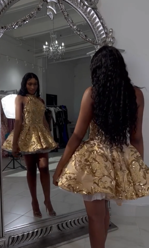 Cute A line Halter Sequin Short Gold Homecoming Dress P2267