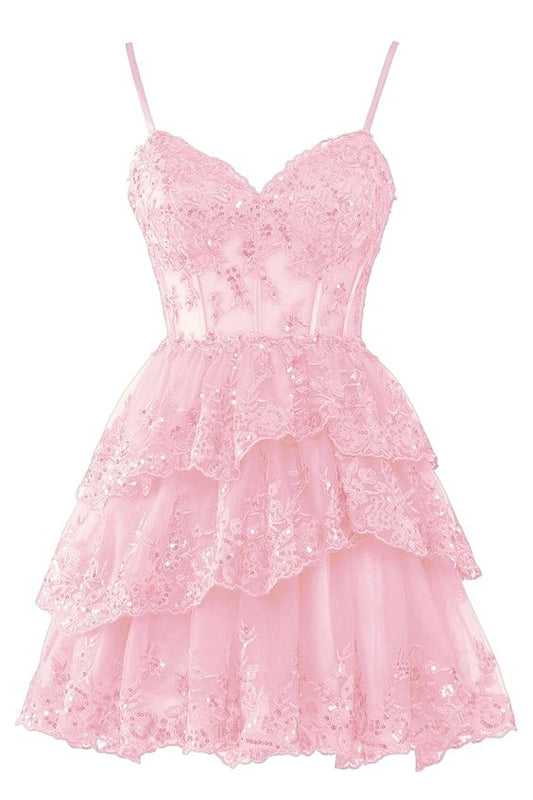 Tulle Homecoming Dresses Short Applique Corset Tiered Formal Party Gowns P2277