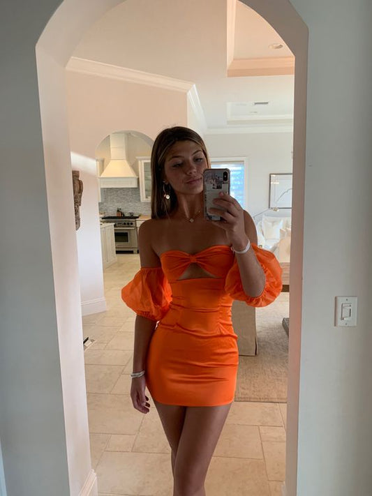 Cute Sheath Strapless Short Orange Homecoming Dresses P2282