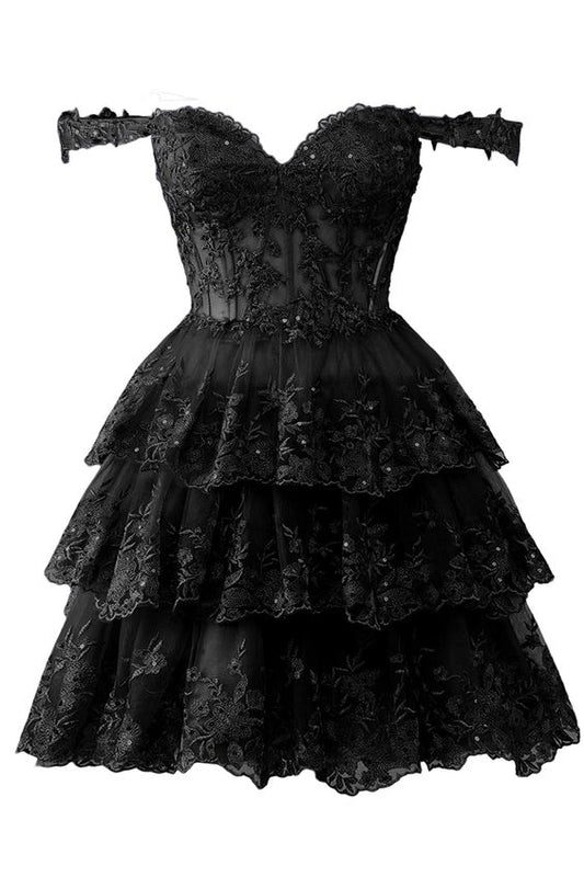 Off the Shoulder Sheer Corset Tiered Ruffles Black Homecoming Dress P2284