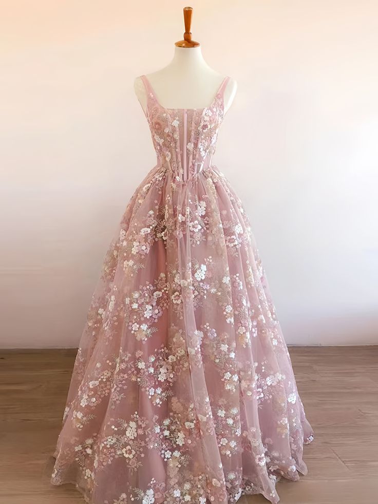 Modest A line Square Neckline Sleeveless Pink Floral Lace Floor Length Prom Dresses P2299