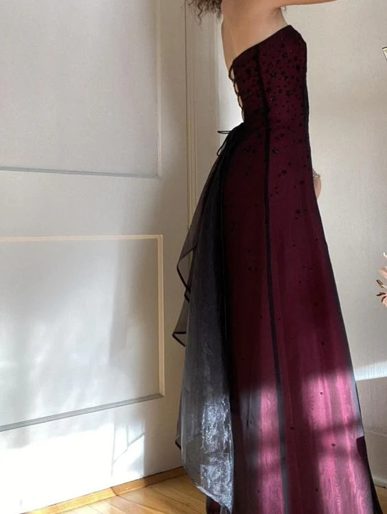 Modest A Line Strapless Burgundy Tulle Beads Long Party Dress Prom Dresses P2342